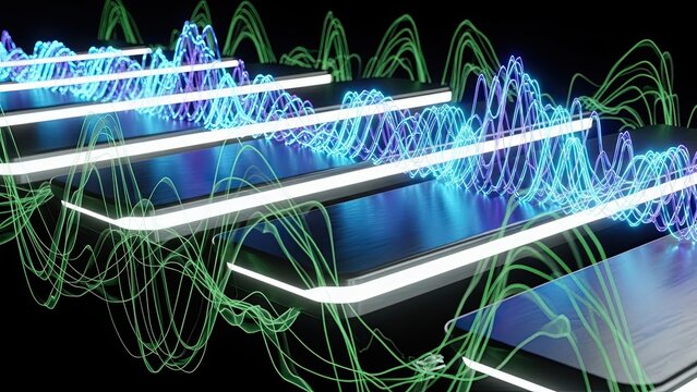 Vibrant neon light trails and wave patterns illuminating a dark surface - Powered by Adobe