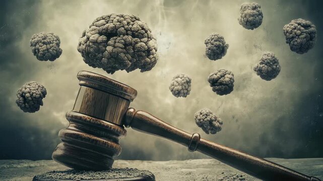 Conceptual illustration of justice with a gavel and brain floating in a smoky atmosphere representing law and reason