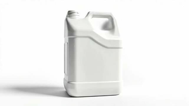 Generic white plastic container with handle and blank label area from different angles. Empty product packaging for liquid chemical storage.