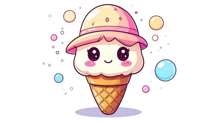 Adorable kawaii ice cream cone cartoon with cute face and floating bubbles