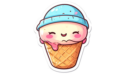 A cheerful cartoon ice cream cone with a smiling face and a light blue beanie