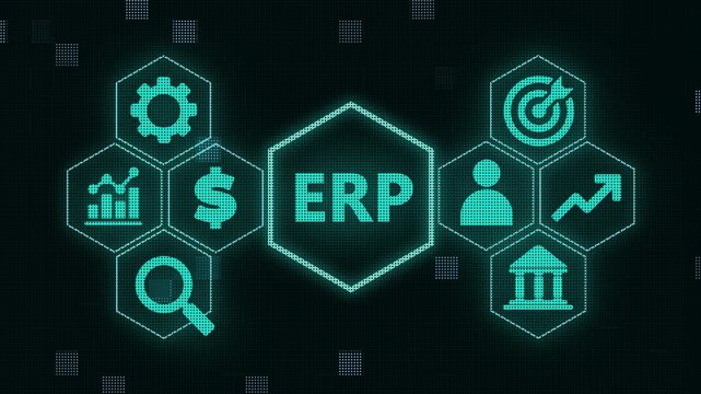 ERP, Enterprise resource planning concept. Connections between business intelligence, HR and CRM modules. Glowing neon line of ERP system icon concept isolated on transparent background.