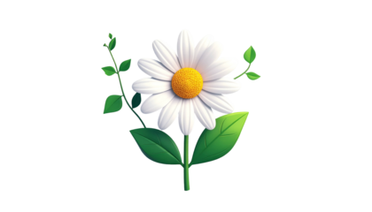 A stylized daisy with a yellow center, white petals, and green leaves and stems against black