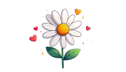Cartoon daisy with white petals, yellow center, green stem, leaves and hearts on a black background