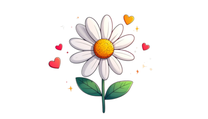 Cartoon daisy with white petals, yellow center, green stem, leaves and hearts on a black background
