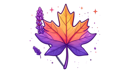 Vibrant stylized maple leaf with lavender accents and twinkling sparkles on black