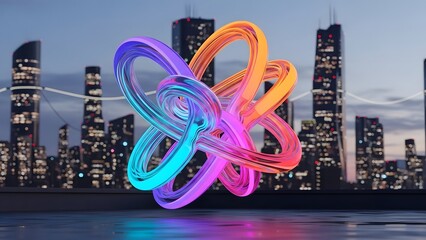 An intricate and colorful abstract 3D sculpture of glowing intertwined rings stands prominently against a modern cityscape during twilight.