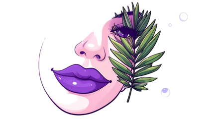 Stylized female face with intense purple makeup, palm leaf, and bubbles against black