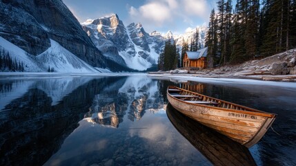 Scenic mountain lake with canoe and log cabin in serene winter landscape.