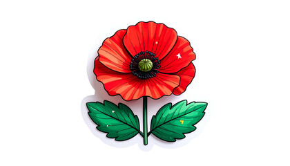 Vibrant stylized poppy illustration, red petals, green leaves, white outline, black background