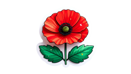 Vibrant stylized poppy illustration, red petals, green leaves, white outline, black background