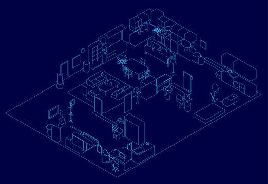 Architectural blueprint of a furnished house interior, featuring detailed contour drawings of tables, chairs, and various objects on a solid blue background. Isometric view
