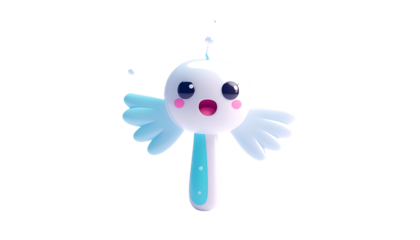 A whimsical, cartoonish weather wand with wings and a cute, surprised expression