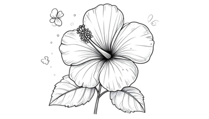 Detailed black and white hibiscus flower illustration with leaves and butterflies on dark background