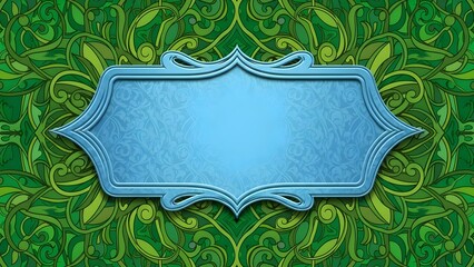 Elegant blue ornamental label centered on rich green swirling floral background, with embossed vintage frame and subtle texture, creating a luxurious decorative template for text, invitations, packagi