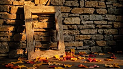 Empty Wooden Frame Leaning Against Stone Wall With Autumn Leaves Scattered Below.jpg