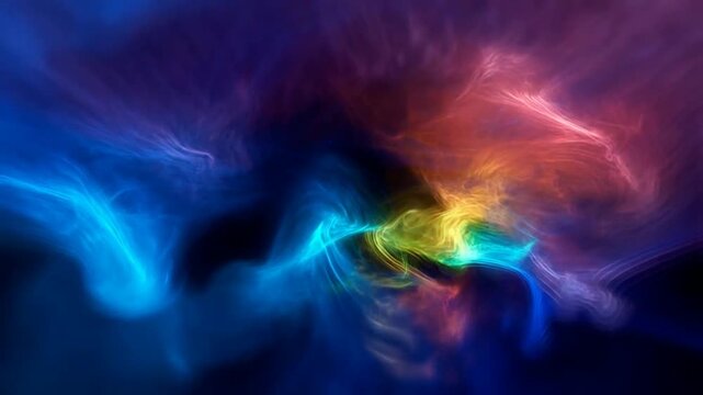 A vibrant, abstract display of swirling, multi-colored light trails. Ethereal plumes of blue, green, and red smoke-like wisps dance and merge against a dark background in a fluid, cosmic motion.