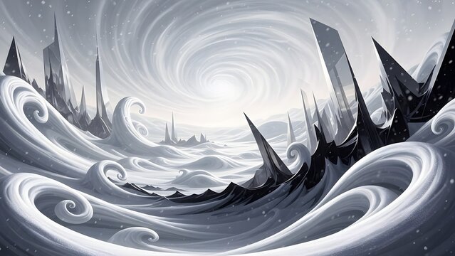 An otherworldly abstract landscape features sharp, icy formations amidst a swirling vortex of snow and clouds.