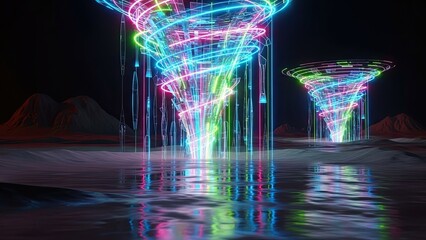 Vibrant neon light whirlpools over reflective water creating a futuristic landscape