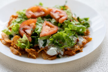 Close-Up of Chicken Kapsalon with Turkish Doner on White Plate
