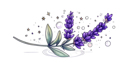 A stylized illustration of lavender sprig with glowing details on a black background