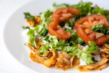 Close-Up of Chicken Kapsalon with Turkish Doner on White Plate