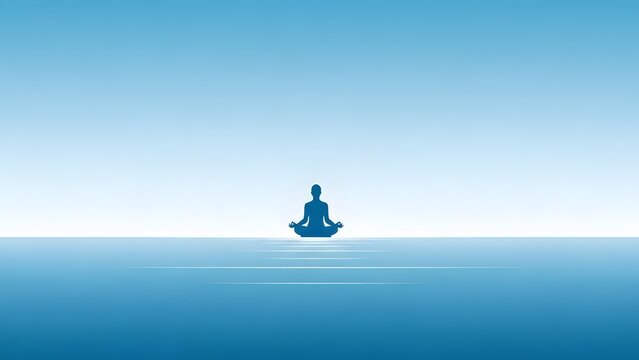 A serene silhouette of a person meditating in a lotus position on a calm blue surface.