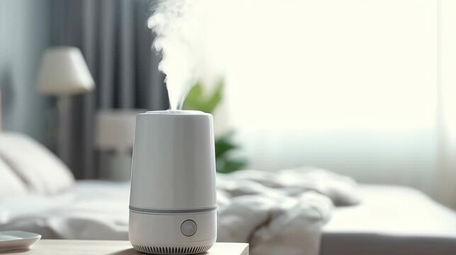 A steaming humidifier placed on a bedside table in a cozy bedroom