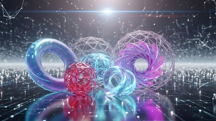 A vibrant collection of glowing abstract geometric and molecular structures on a dark digital background.