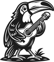 Fototapeta premium Toucan playing guitar illustration tropical bird holding musical instrument with feathers and beak details