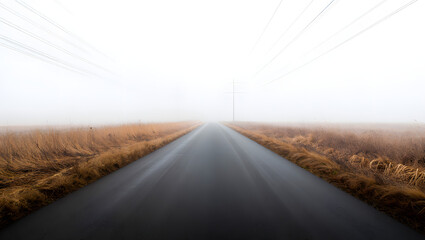 Road disappearing into morning fog over empty landscape