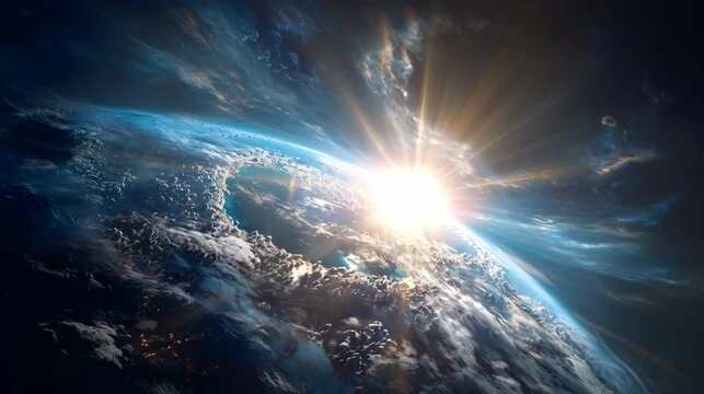 A captivating view of Earth from space, with the sun's radiant glow illuminating the horizon