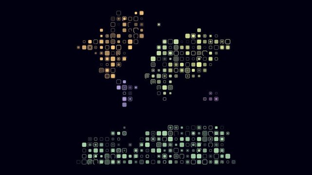World animated shape. Pulsating colored dots on the map of the world. Large size rounded square blocks. Digital style map on dark background. Artistic animation video.