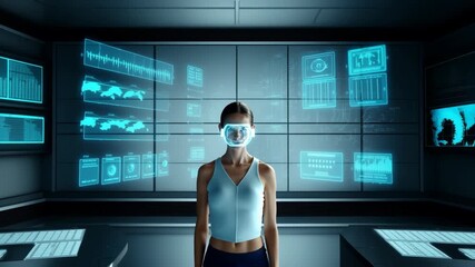 A futuristic view of a woman interacting with advanced technology - Powered by Adobe