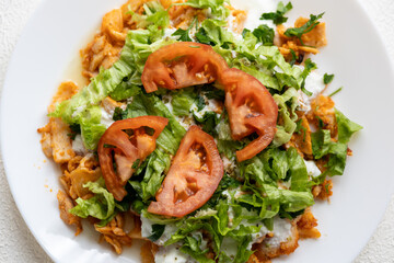 Close-Up of Chicken Kapsalon with Turkish Doner on White Plate
