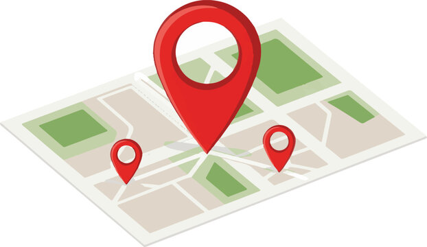 Isometric vector illustration of a city map with three red location pin markers. This clean graphic represents navigation, GPS tracking, and destination finding.
