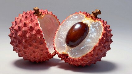 Split durian fruit with white flesh and brown seed