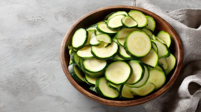 Fresh green zucchini slices in wooden bowl on gray background. - Powered by Adobe