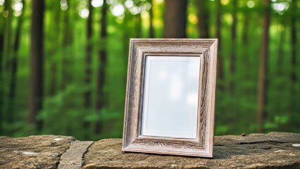 Empty Wooden Picture Frame Mockup in Lush Green Forest Outdoor Setting.jpg