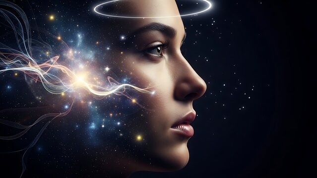 Abstract profile of a woman with cosmic galaxy energy and glowing stars, mental health and consciousness concept - Powered by Adobe