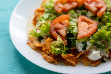 Close-Up of Chicken Kapsalon with Turkish Doner on White Plate