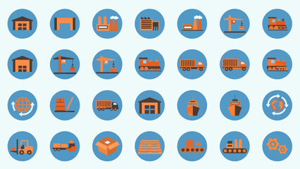 Collection of Industrial Icons in Blue Circles.