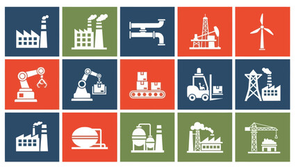 Industrial Icons Representing Various Sectors and Machinery.