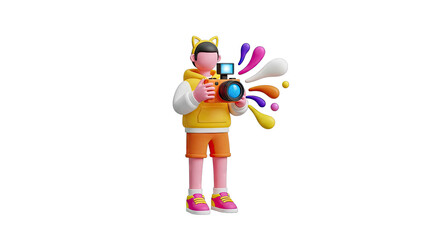 3D Character with Camera and Colorful Splashes