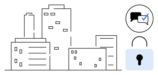 Line art buildings paired with a speech bubble and padlock icons emphasizing communication, security, technology, and urban concepts. Ideal for privacy, data sharing, secure networks, urban planning