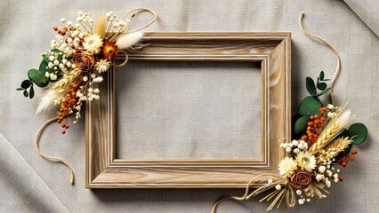 Empty Wooden Picture Frame With Autumnal Floral Arrangements in Shabby Chic Style on Beige Fabric With Jute Decor Dried.jpg