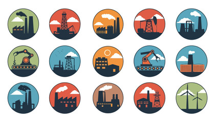 Industrial Icons Featuring Factories and Turbines.