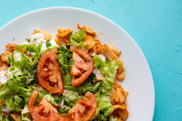 Close-Up of Chicken Kapsalon with Turkish Doner on White Plate