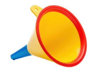 Colorful plastic funnel with red rim, yellow body, and blue spout isolated on transparent background