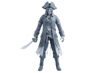 Detailed pirate action figure with sword and hat, isolated on transparent background